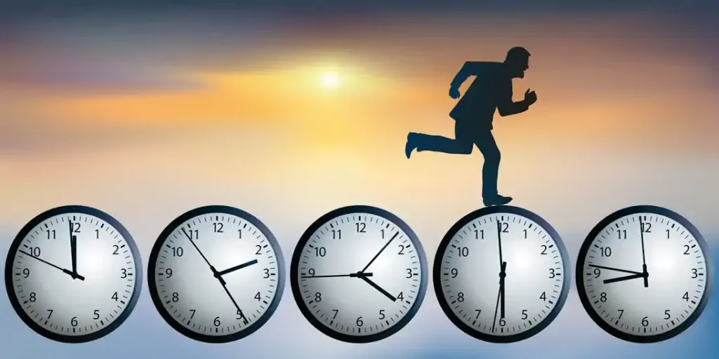 Man running over clocks