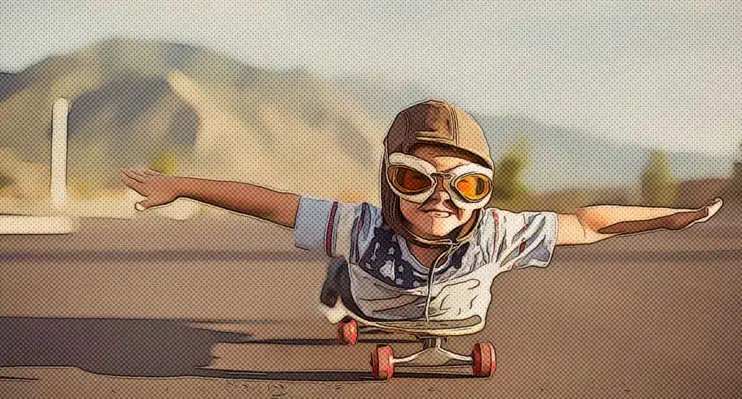 Boy on skateboard pretending to fly