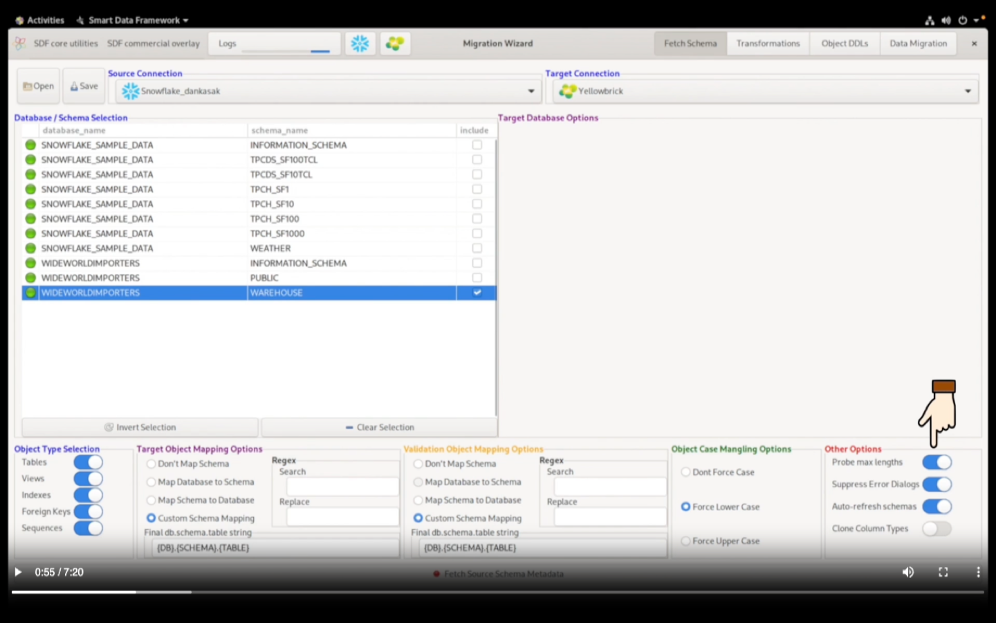 Migration Wizard showing Snowflake to Yellowbrick migration with schema selection