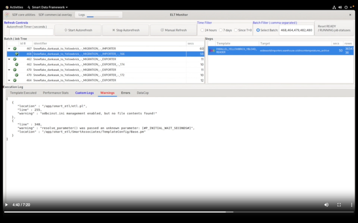 ELT Monitor showing batch job tree, execution steps, and log output